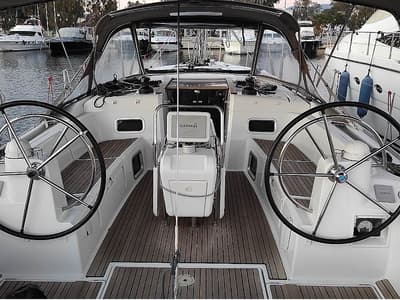 Cockpit of Joy, a Beneteau Oceanis 48 sailboat at Kontokali, Greece