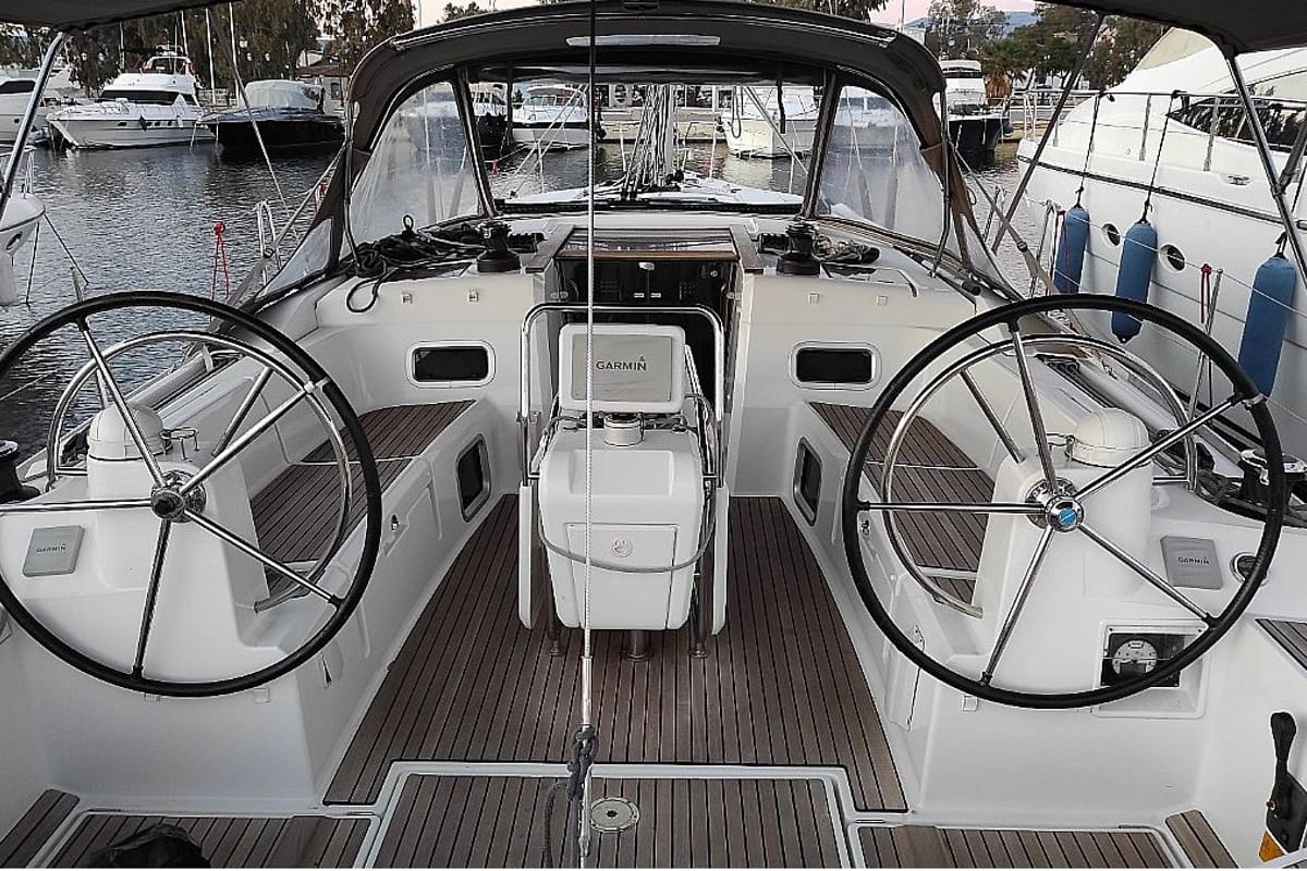 Cockpit of Joy, a Beneteau Oceanis 48 sailboat at Kontokali, Greece