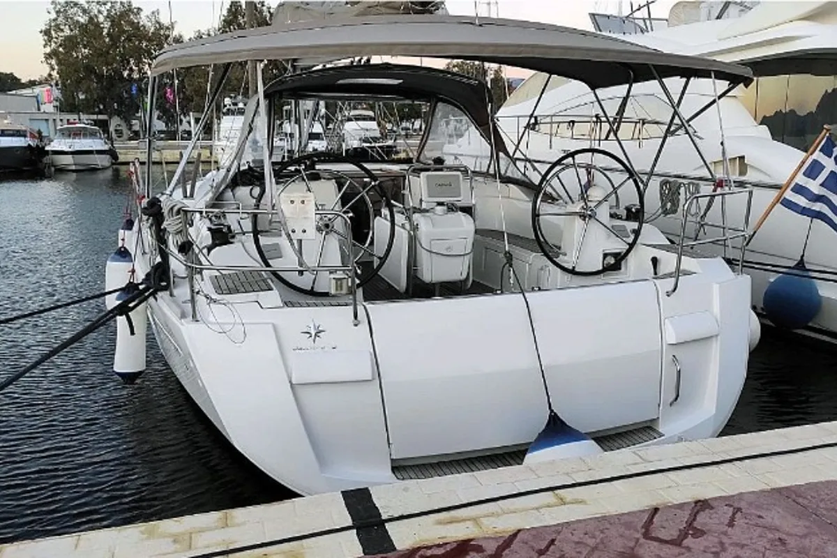 Exterior view of Joy, a Beneteau Oceanis 48 sailboat at Kontokali, Greece