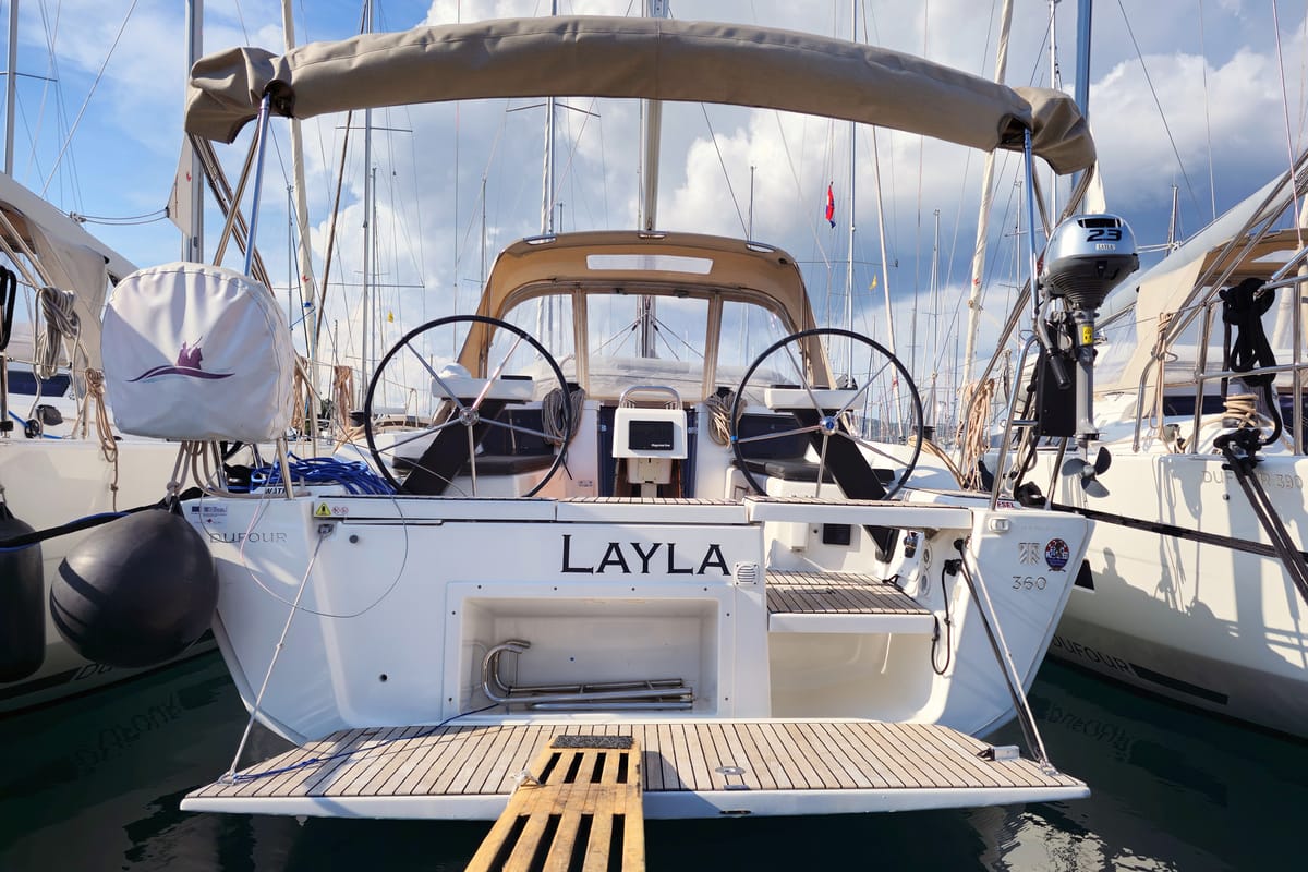 Exterior view of Layla, a Dufour 360 GL sailboat at Općina Rogoznica, Croatia