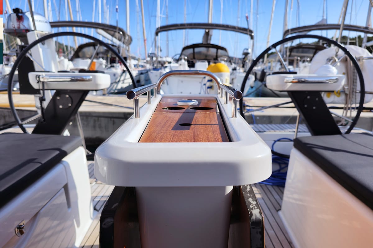 Cockpit of Layla, a Dufour 360 GL sailboat at Općina Rogoznica, Croatia