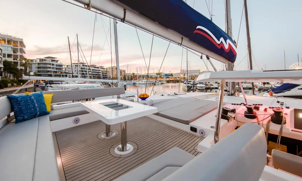 Deck of Moorings 5000 Exclusive, a Leopard 50 catamaran at English Harbour, Antigua and Barbuda