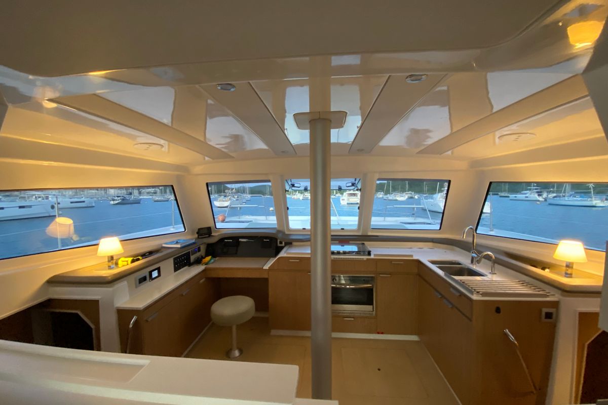 Cockpit of Mosta, a Bali Catspace catamaran at Alameda, United States