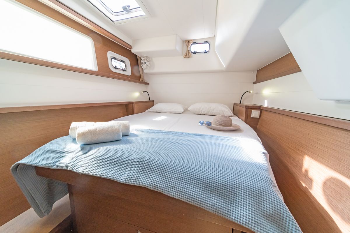 Cabin on Kon-Tiki, a Lagoon 450 Fly catamaran at Preveza, Greece