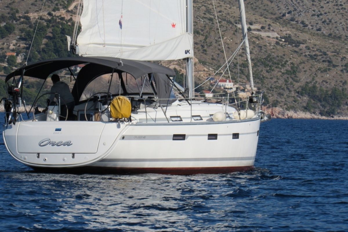 Exterior view of Orca, a Bavaria Cruiser 40 sailboat at Split, Croatia