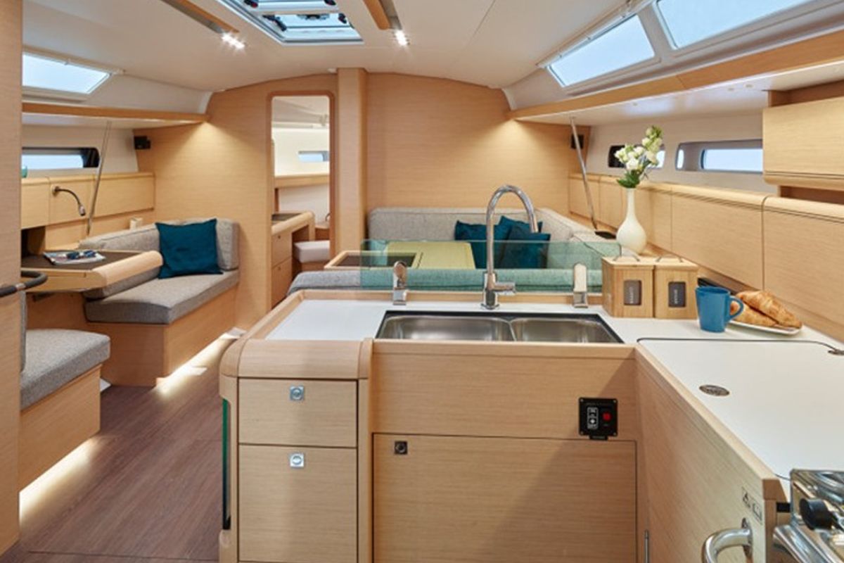 Galley of Timaria IV, a Jeanneau Sun Odyssey 449 sailboat at Nieuwpoort, Belgium