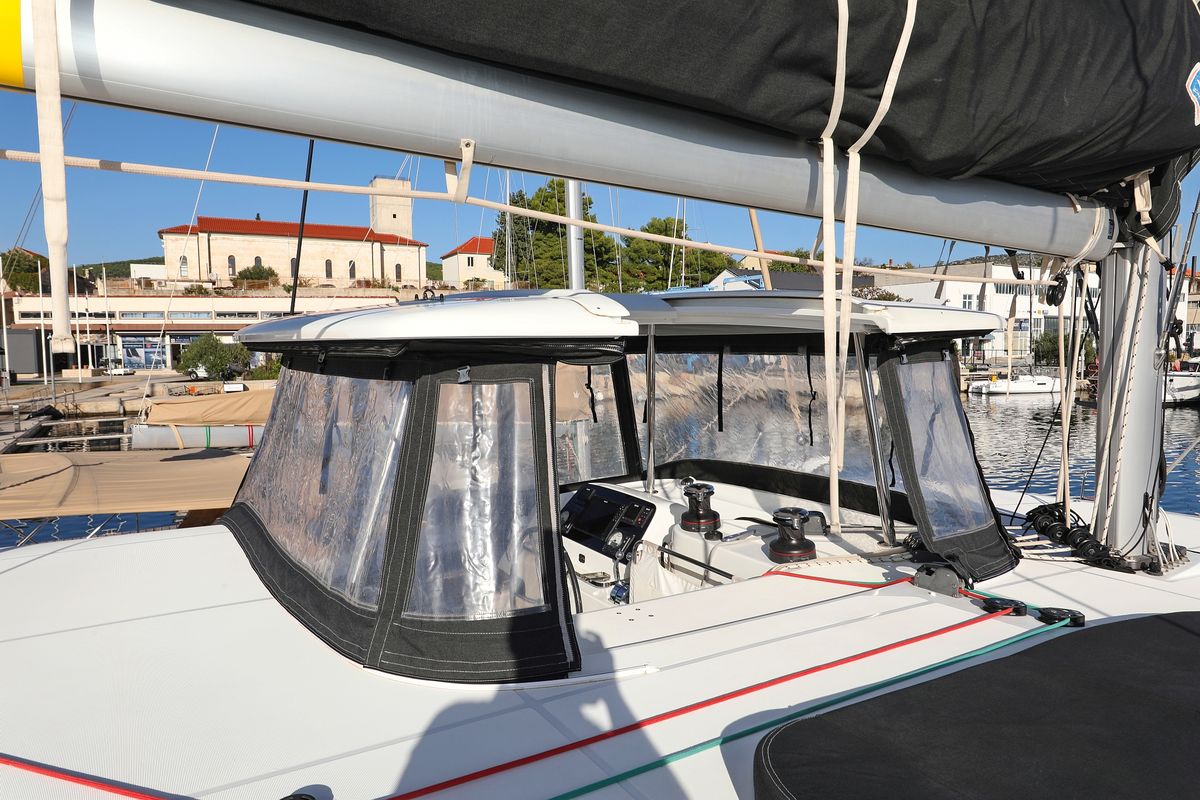 Cockpit of Sapphire, a Lagoon 42 catamaran at Grad Vodice, Croatia