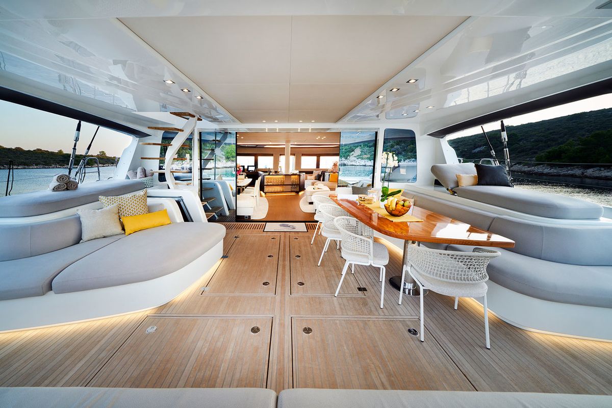 Deck of Adriatic Dragon, a Lagoon 77 catamaran at Split, Croatia
