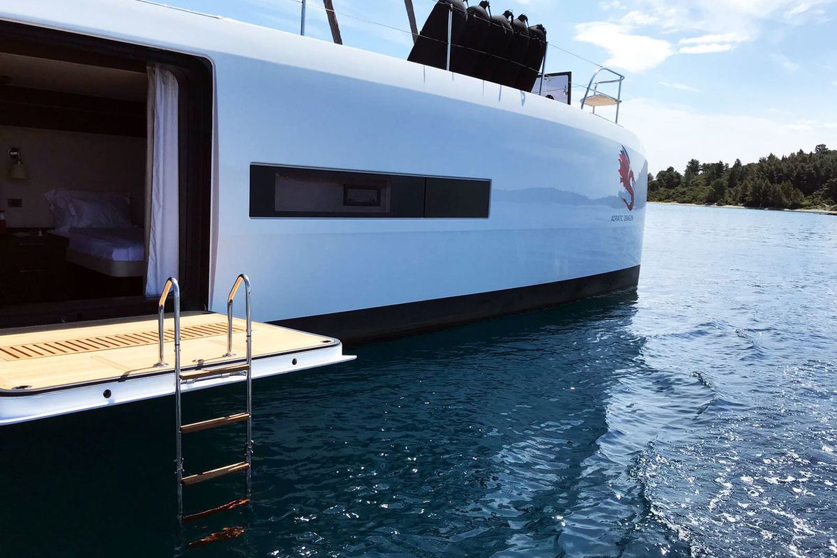 Exterior view of Adriatic Dragon, a Lagoon 77 catamaran at Split, Croatia