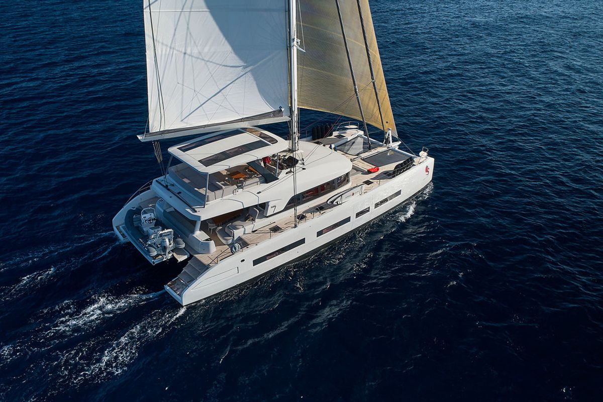 Exterior view of Adriatic Dragon, a Lagoon 77 catamaran at Split, Croatia
