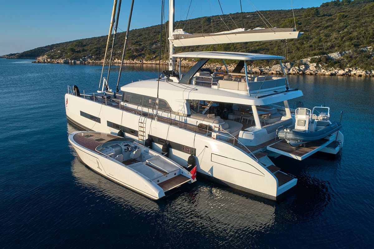 Exterior view of Adriatic Dragon, a Lagoon 77 catamaran at Split, Croatia