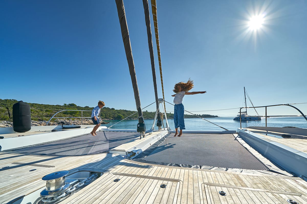 Exterior view of Adriatic Dragon, a Lagoon 77 catamaran at Split, Croatia