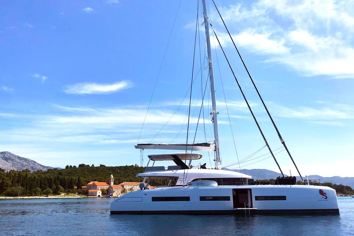 Exterior view of Adriatic Dragon, a Lagoon 77 catamaran at Split, Croatia