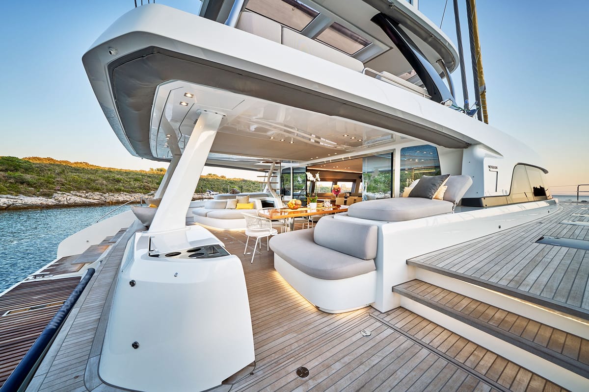 Deck of Adriatic Dragon, a Lagoon 77 catamaran at Split, Croatia