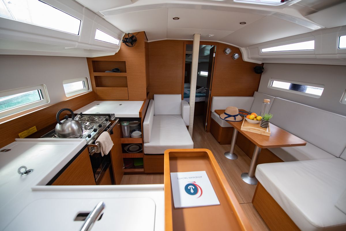 Salon of Nastazia, a Jeanneau Sun Odyssey 410 sailboat at Neo Klima, Greece