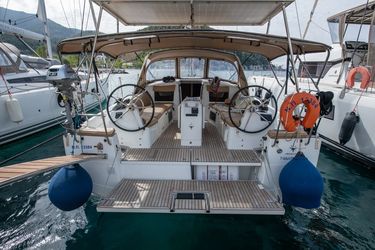 Cockpit of Nastazia, a Jeanneau Sun Odyssey 410 sailboat at Neo Klima, Greece