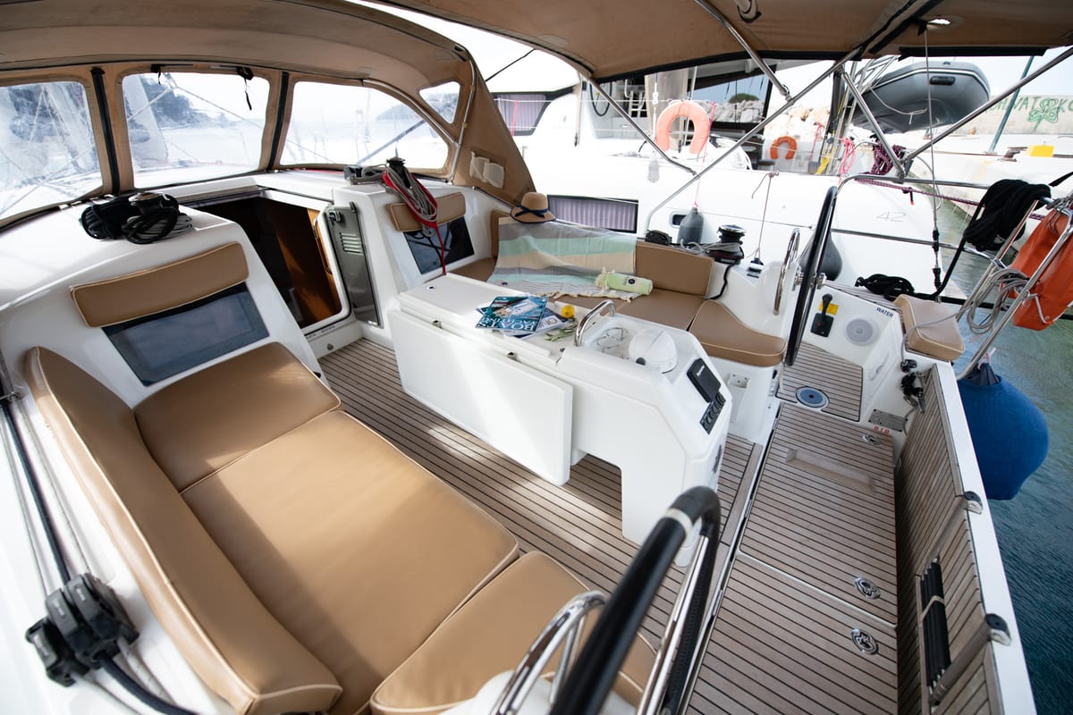 Cockpit of Nastazia, a Jeanneau Sun Odyssey 410 sailboat at Neo Klima, Greece
