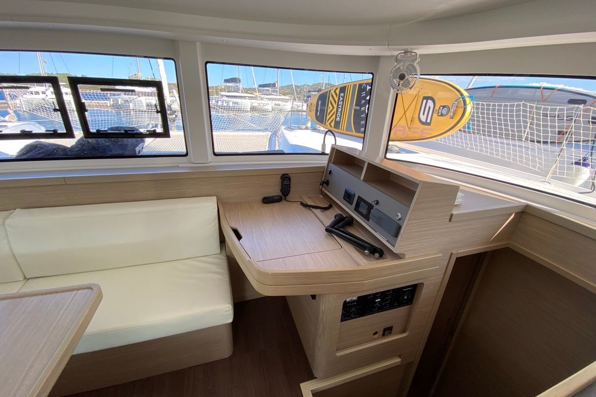 Salon of Alkaid, a Lagoon 42 catamaran at Olbia, Italy