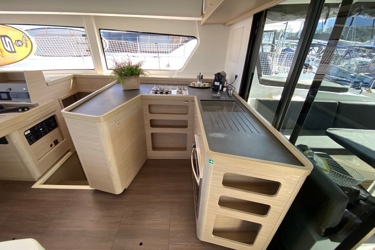 Galley of Alkaid, a Lagoon 42 catamaran at Olbia, Italy