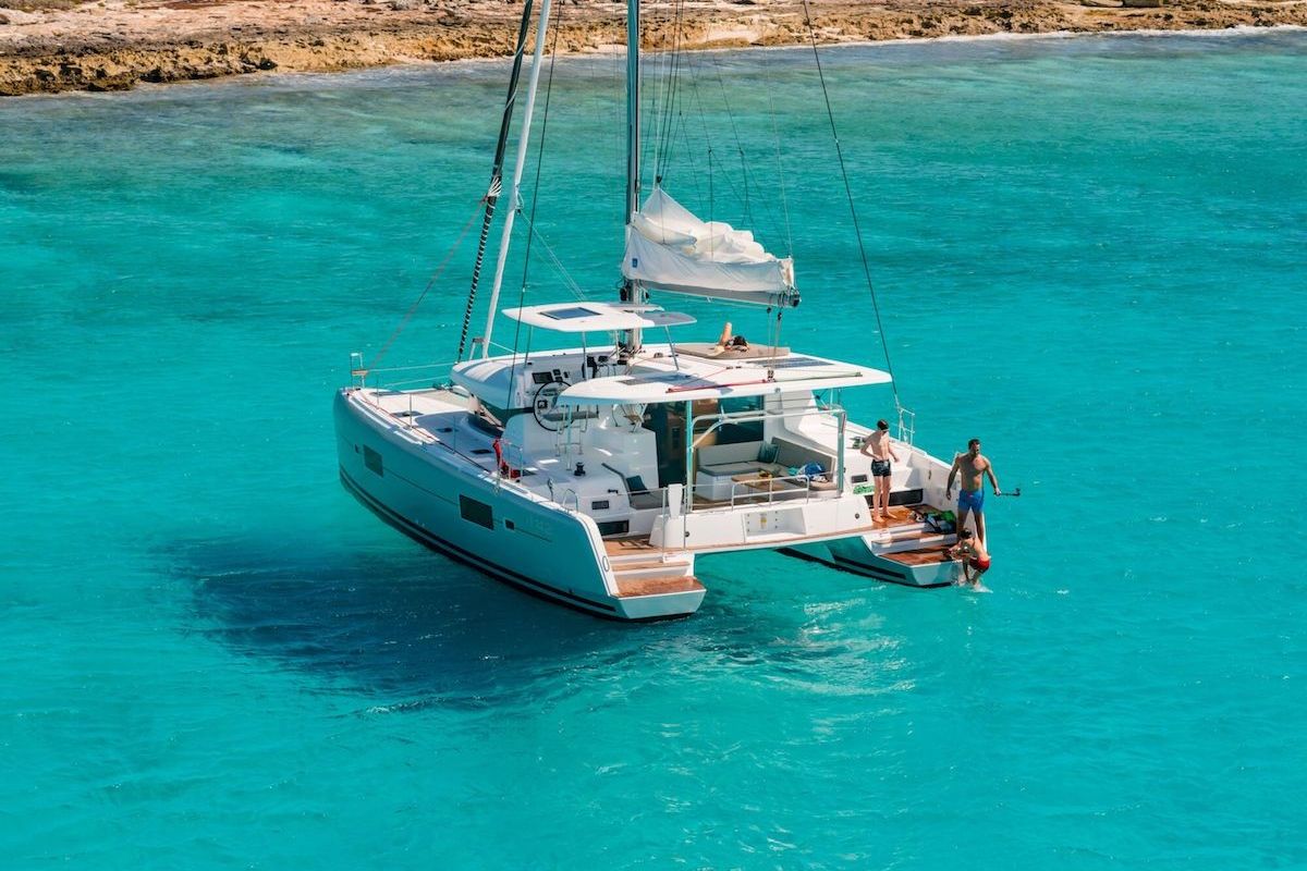 Exterior view of Alkaid, a Lagoon 42 catamaran at Olbia, Italy