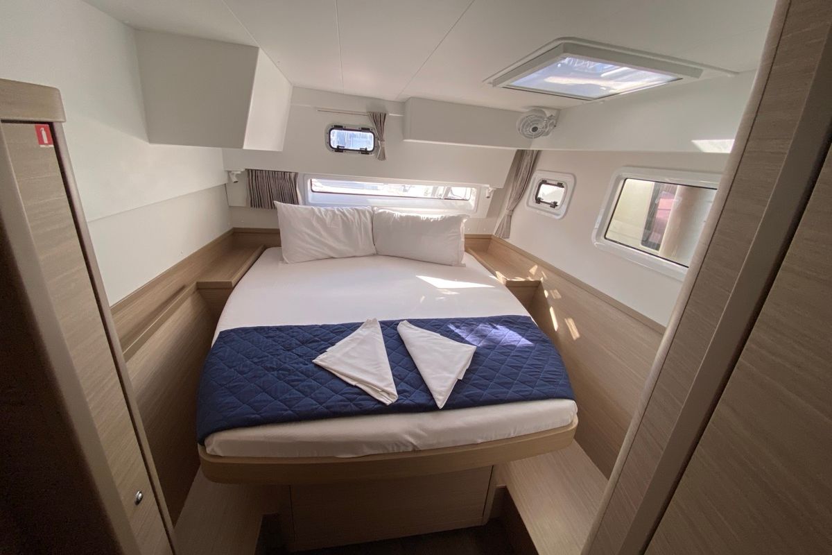 Cabin on Alkaid, a Lagoon 42 catamaran at Olbia, Italy