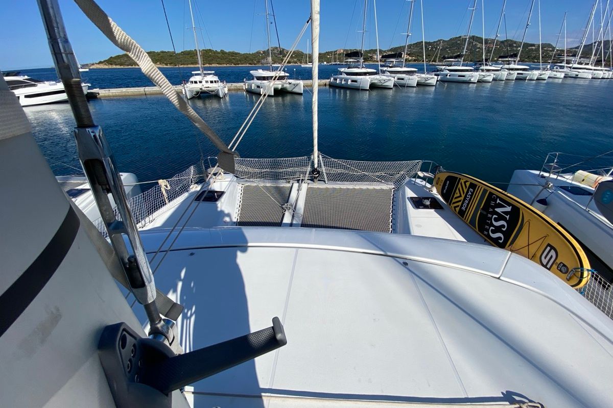 Deck of Alkaid, a Lagoon 42 catamaran at Olbia, Italy