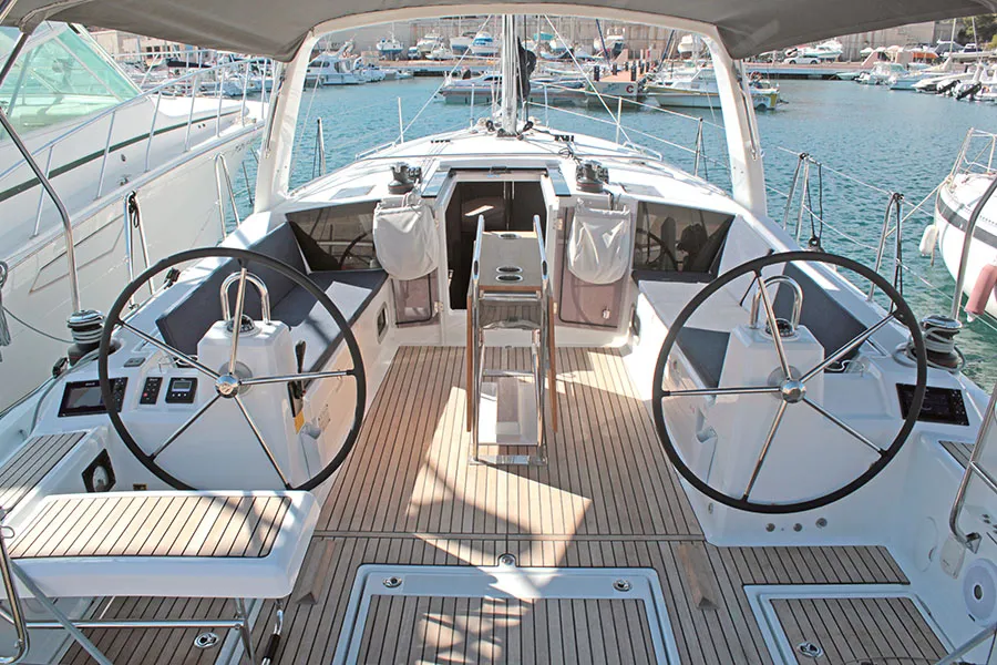 Cockpit of Under Pressure, a Beneteau Oceanis 41.1 sailboat at Palma de Mallorca, Spain