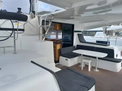 Deck of Bingo, a Lagoon 42 catamaran at Eden Island Marina, Seychelles