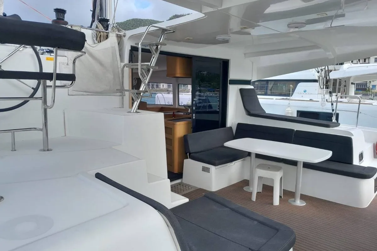 Deck of Bingo, a Lagoon 42 catamaran at Eden Island Marina, Seychelles