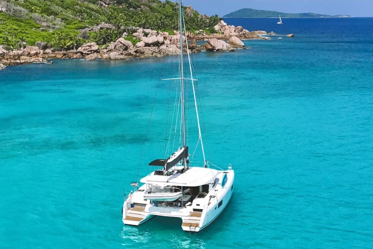 Exterior view of Bingo, a Lagoon 42 catamaran at Eden Island Marina, Seychelles