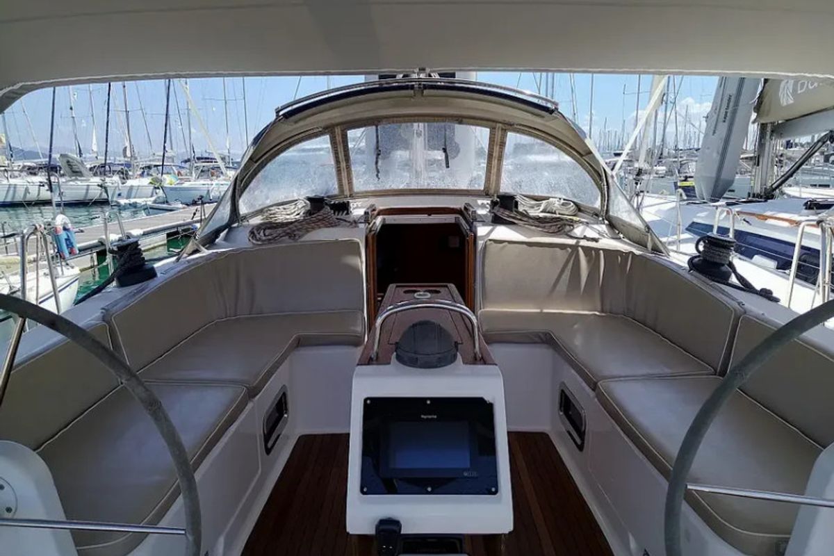 Cockpit of Mojito, a Bavaria Cruiser 46 sailboat at Gouvia, Greece
