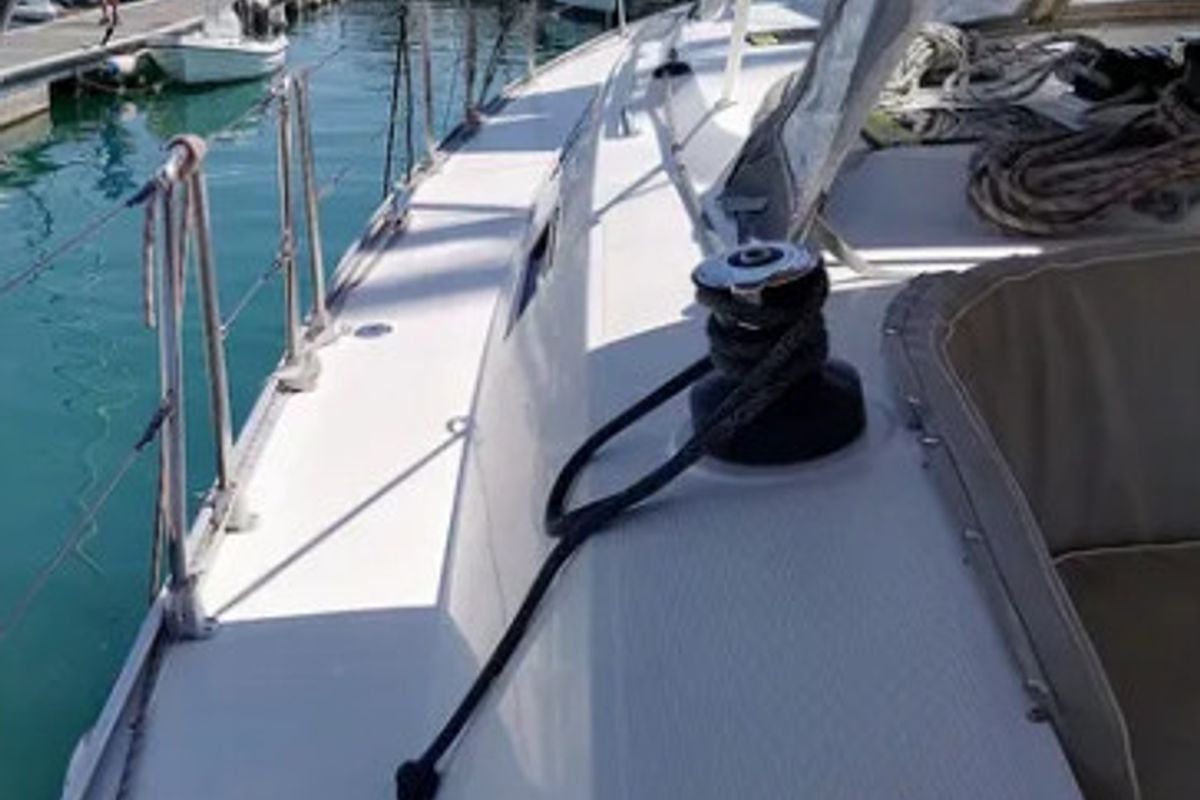 Deck of Mojito, a Bavaria Cruiser 46 sailboat at Gouvia, Greece