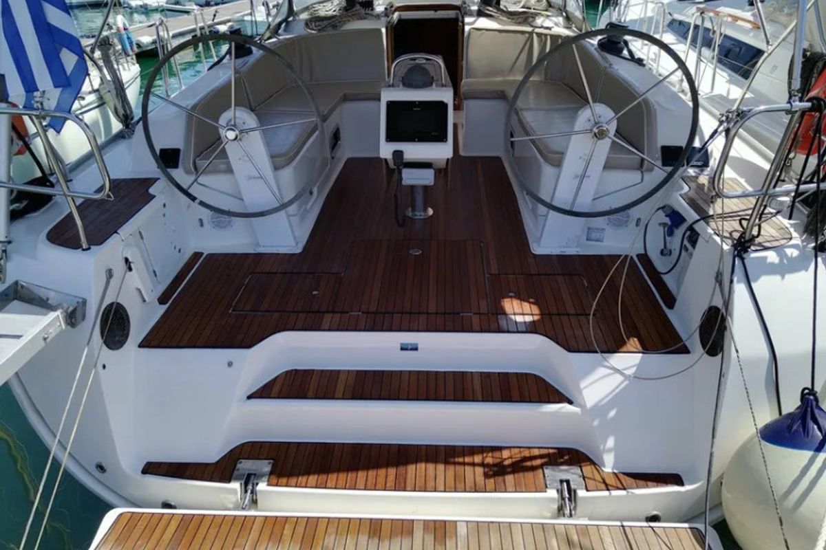Exterior view of Mojito, a Bavaria Cruiser 46 sailboat at Gouvia, Greece