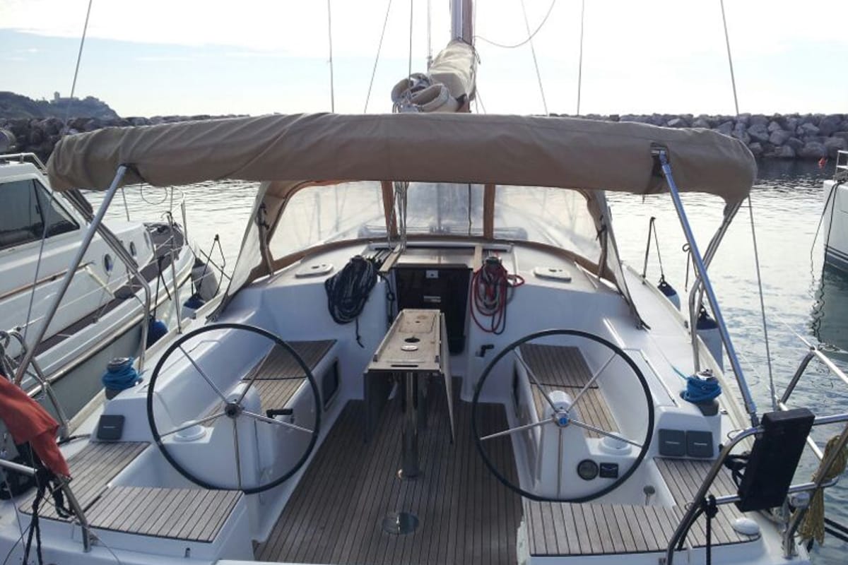 Cockpit of Galatea, a Dufour 405 sailboat at Piombino, Italy