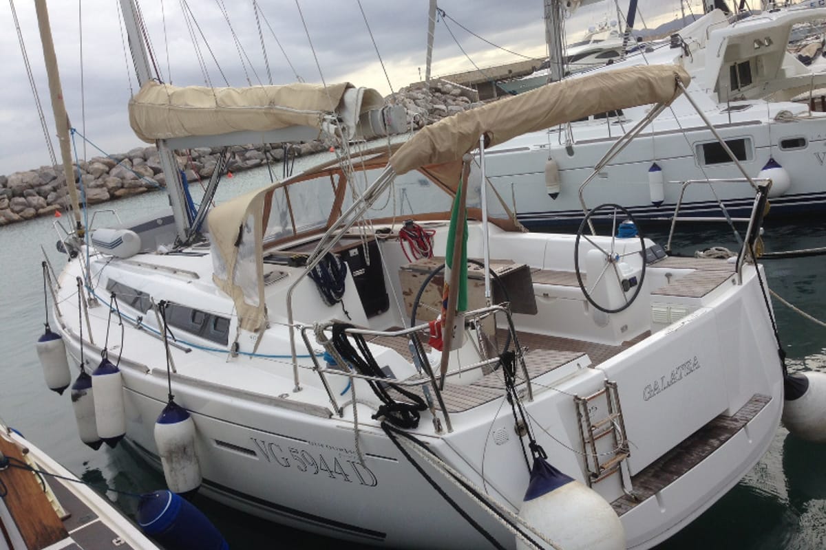 Exterior view of Galatea, a Dufour 405 sailboat at Piombino, Italy