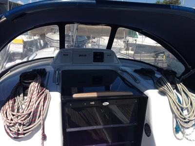 Cockpit of Lorine, a Dehler 32 sailboat at Port Navalo, France