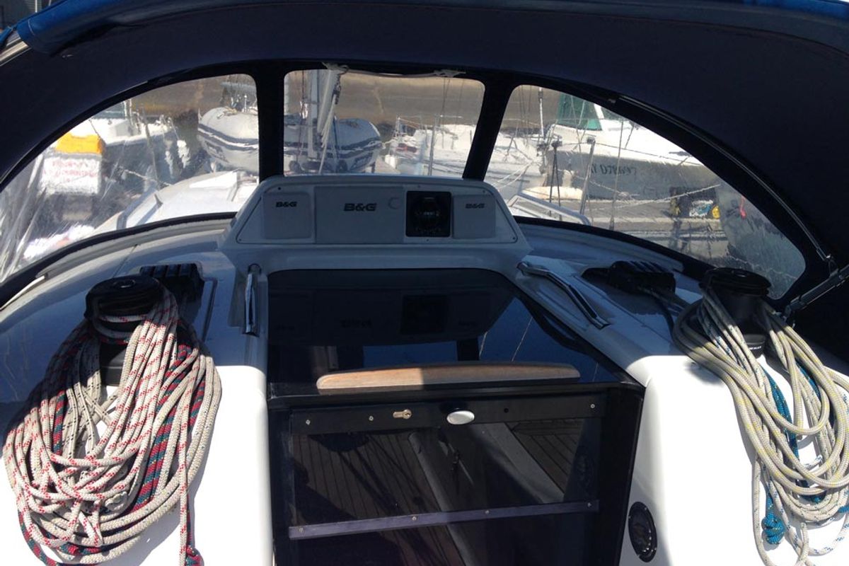 Cockpit of Lorine, a Dehler 32 sailboat at Port Navalo, France