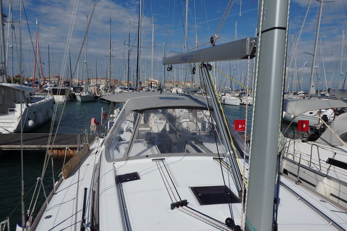 Deck of Oceanis 48, a Beneteau Oceanis 48 sailboat at Municipal Unit of Lefkada, Greece