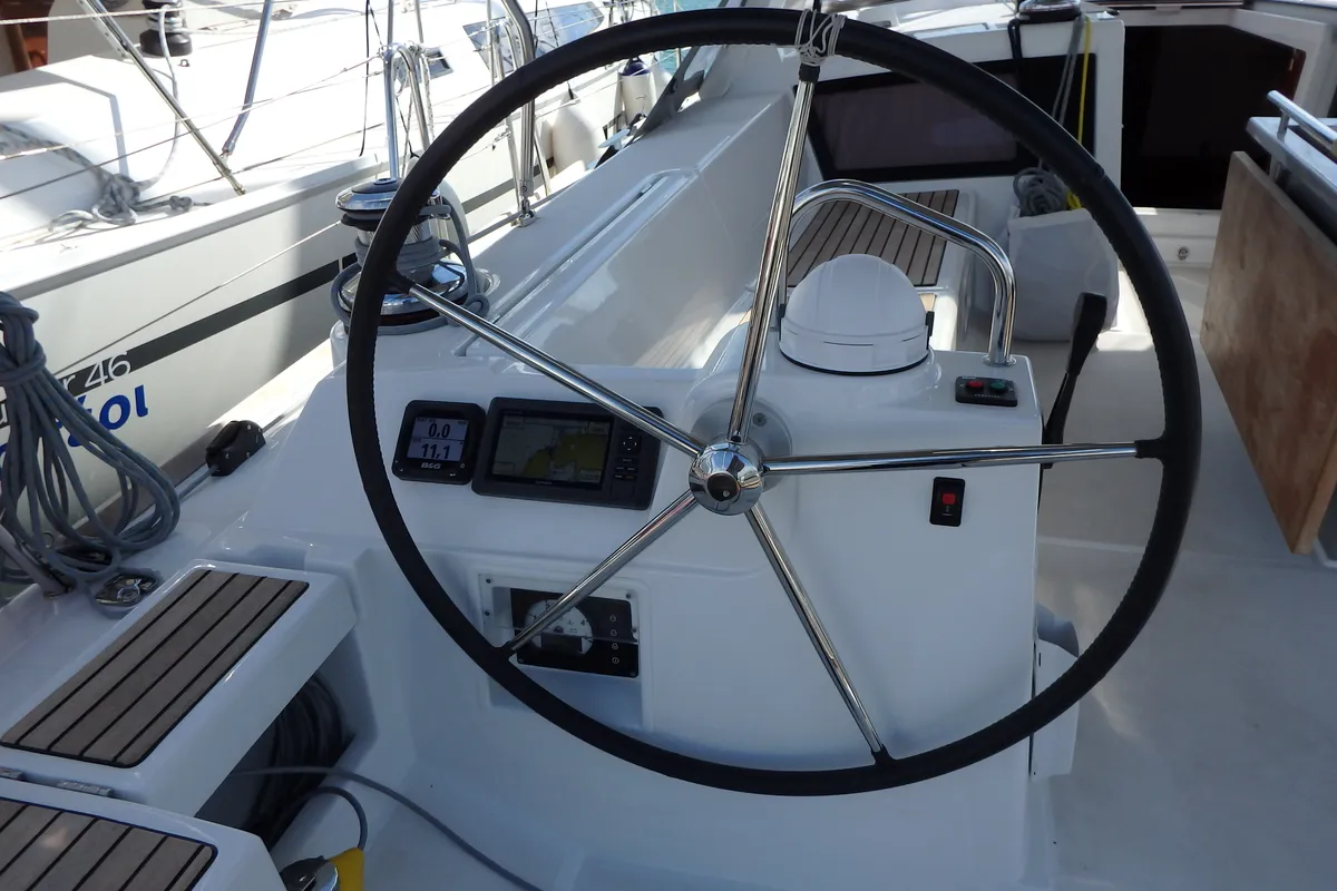 Cockpit of Oceanis 48, a Beneteau Oceanis 48 sailboat at Municipal Unit of Lefkada, Greece