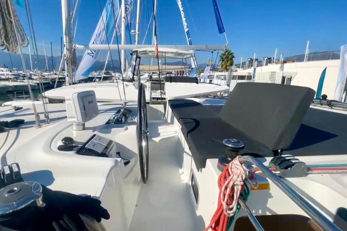 Cockpit of Barone, a Lagoon 46 catamaran at Salerno, Italy