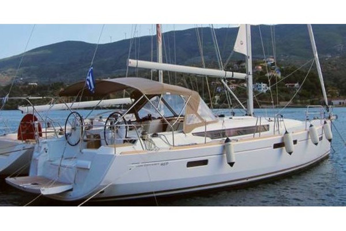 Exterior view of All Blue III, a Jeanneau Sun Odyssey 469 sailboat at Municipal Unit of Lefkada, Greece