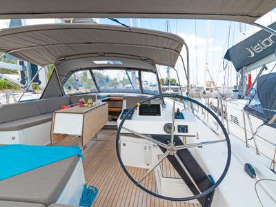 Cockpit of Splash, a Dufour 530 sailboat at Municipal Unit of Rhodes, Greece