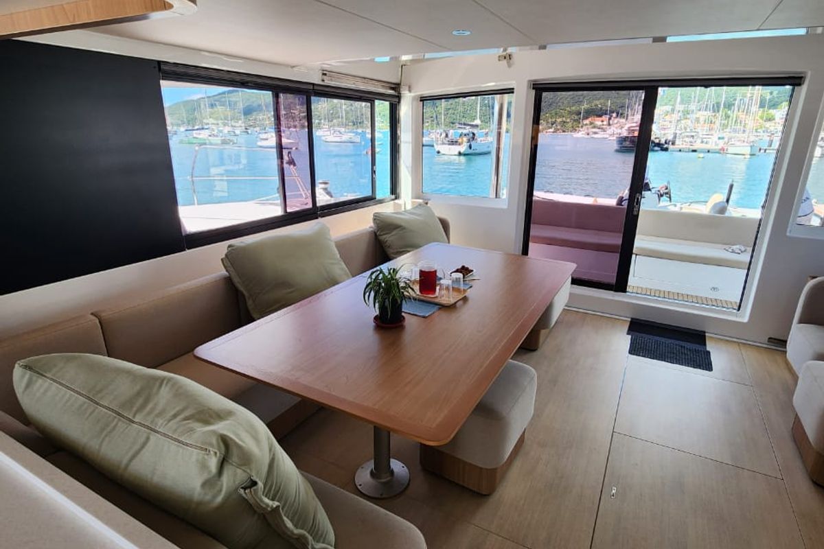 Salon of Four C'S, a Bali 5.8 catamaran at Hyères, France