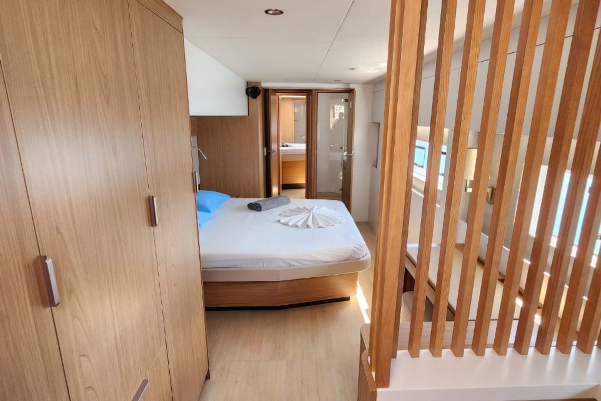 Cabin on Four C'S, a Bali 5.8 catamaran at Hyères, France