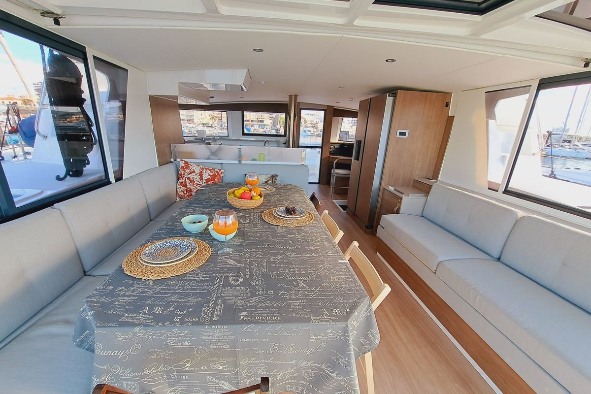 Salon of Cancelli Del Cielo, a Bali 4.6 catamaran at Sant Antoni de Portmany, Spain