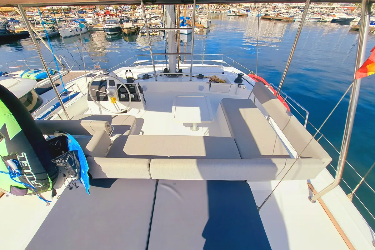 Deck of Cancelli Del Cielo, a Bali 4.6 catamaran at Sant Antoni de Portmany, Spain