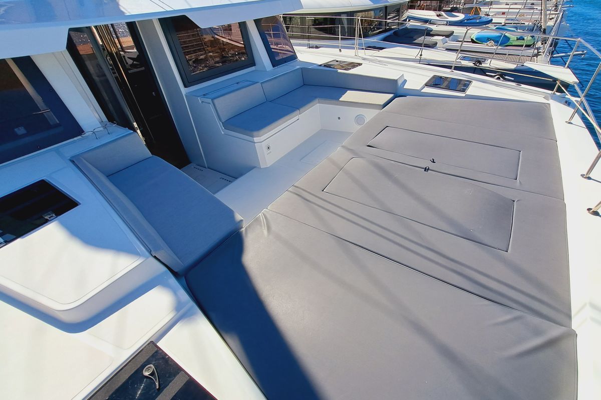 Deck of Cancelli Del Cielo, a Bali 4.6 catamaran at Sant Antoni de Portmany, Spain
