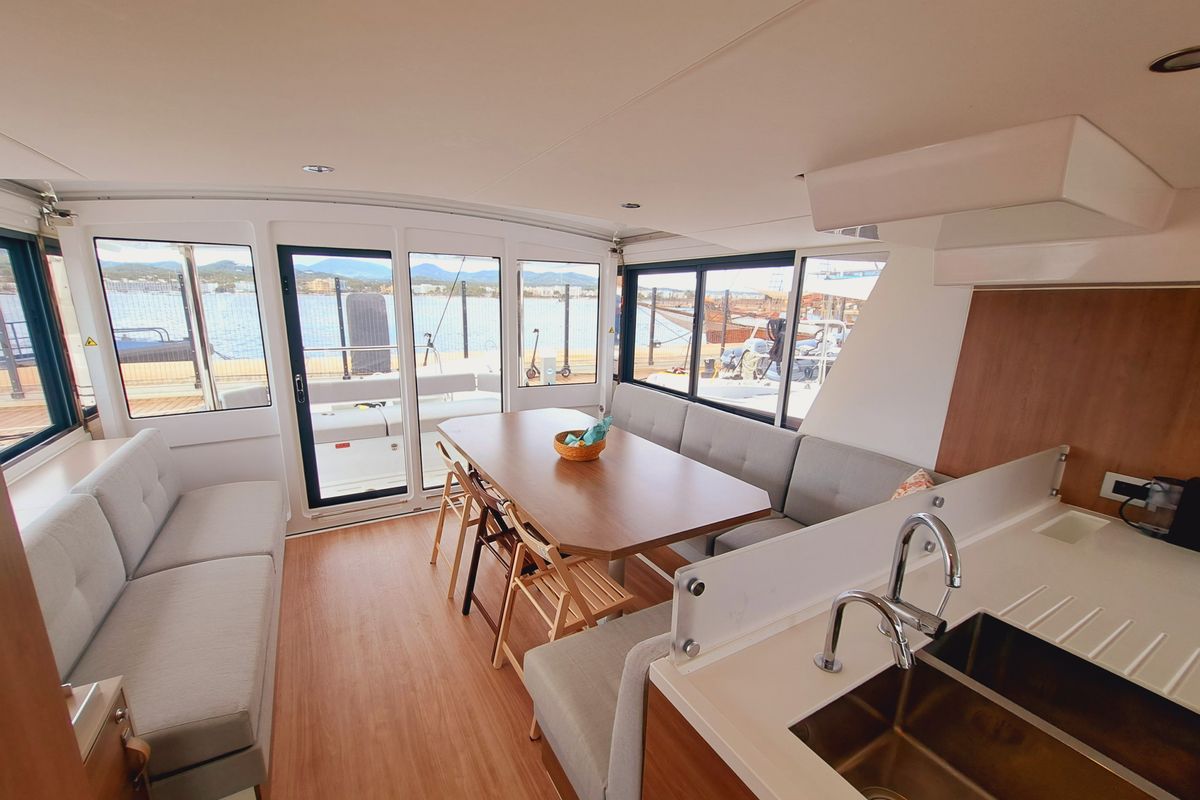 Salon of Cancelli Del Cielo, a Bali 4.6 catamaran at Sant Antoni de Portmany, Spain