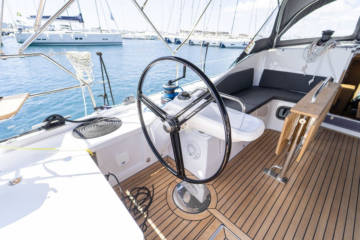 Cockpit of Skipper's Girl, a Elan Impression 45 sailboat at Grad Kaštela, Croatia