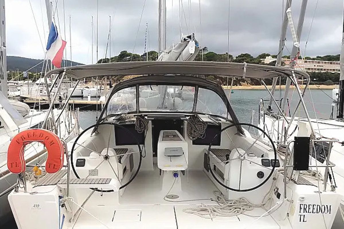 Cockpit of Freedom, a Dufour 410 Grand Large sailboat at Athens, Greece